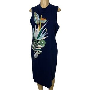 TORY BURCH Embroidered Floral Sequin Embellished Sleeveless Dress Navy Medium